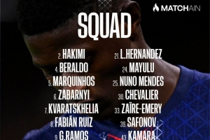 巴黎对马赛名单：K77领衔，登贝莱、杜埃、内维斯、巴尔科拉缺席